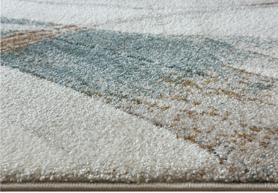 Arlo 2962 abstract area rug with green, teal, and burnt orange over a neutral base
