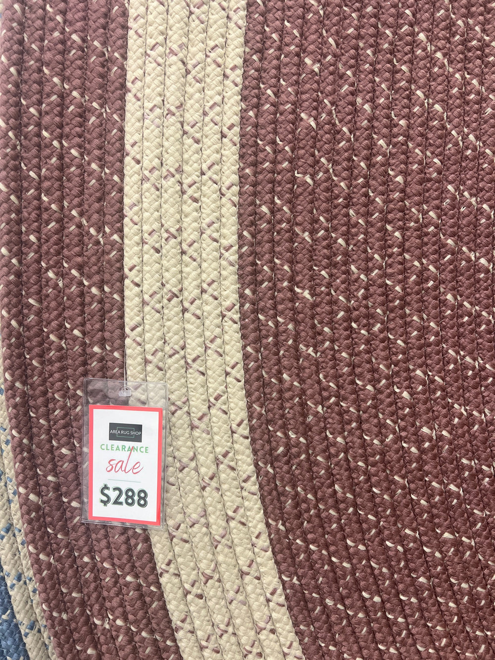 Close up Oval braided rug in rose pink with cream beige border