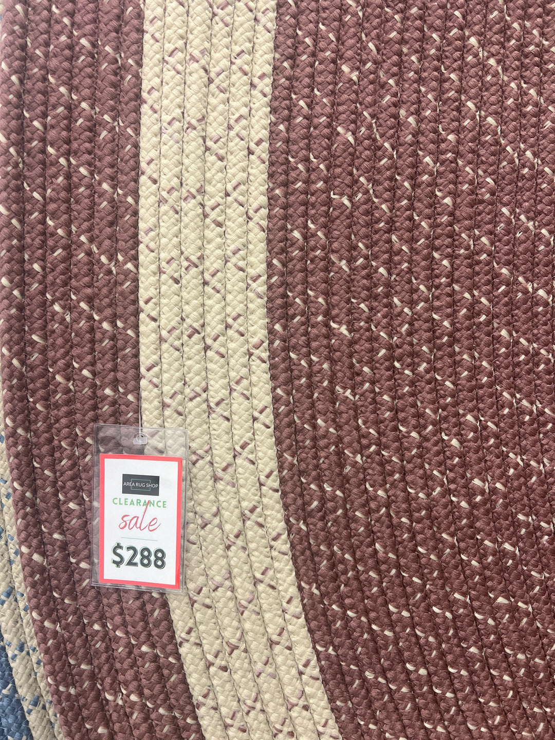 Close up Oval braided rug in rose pink with cream beige border