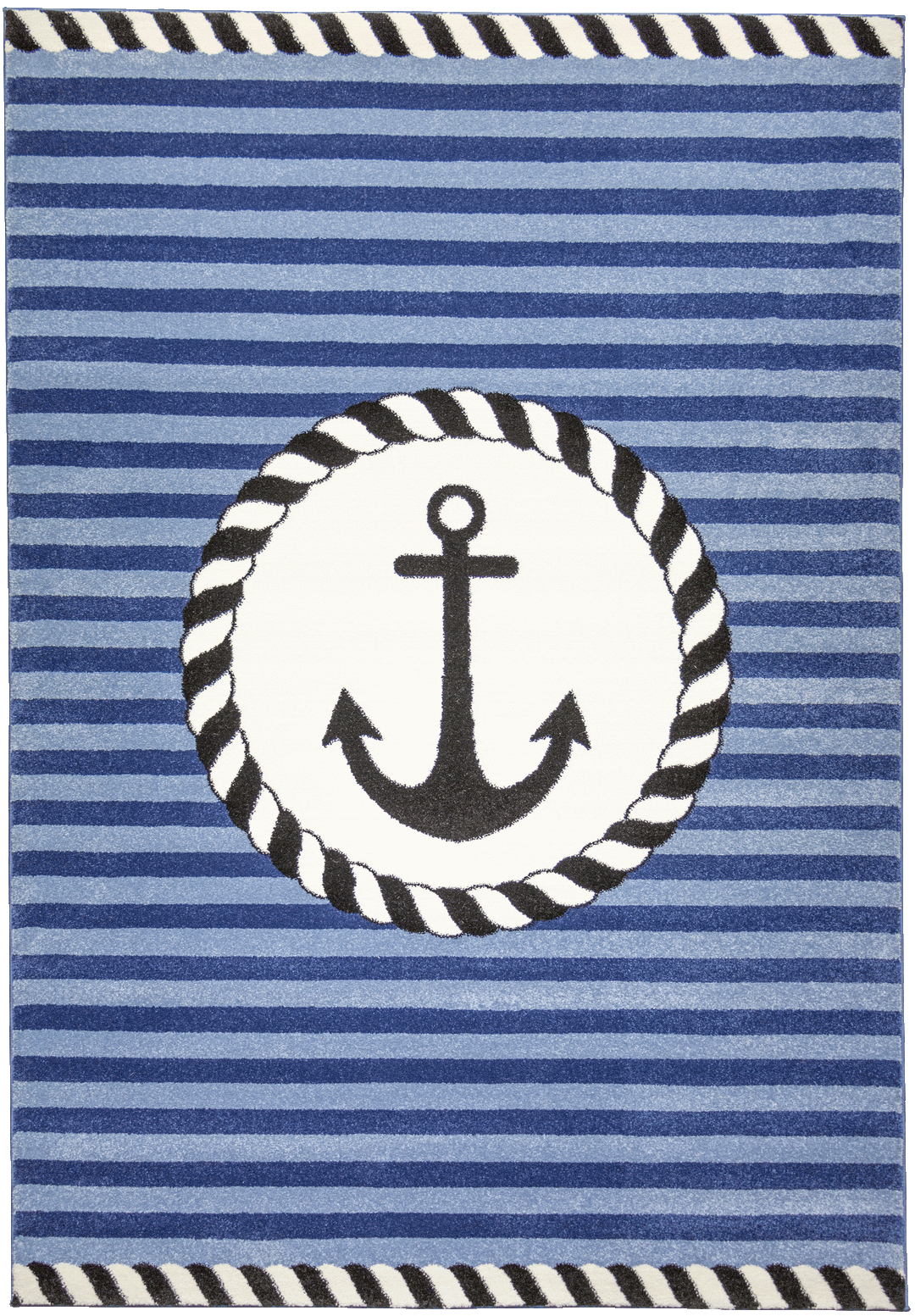 Blue striped nautical rug with an anchor in the middle