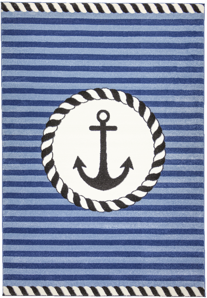 Blue striped nautical rug with an anchor in the middle
