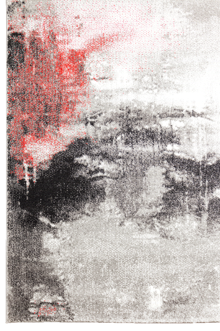 Black, white, grey, and red area rug with an abstract pattern