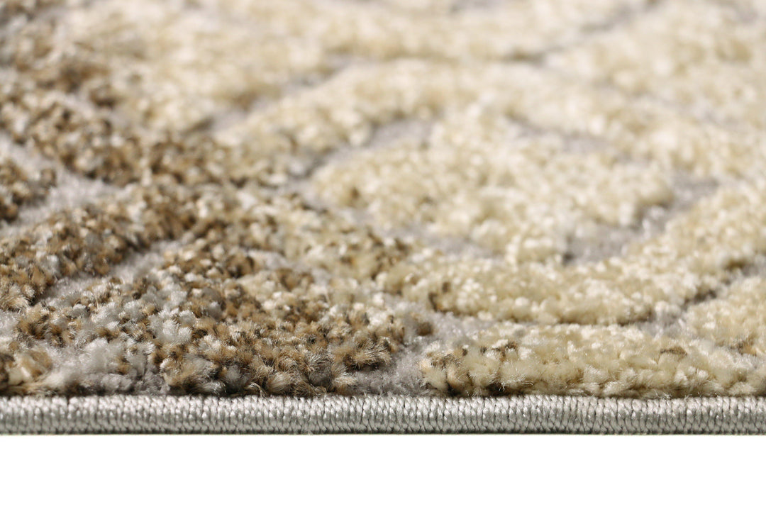 Allure 7 Rug side view traditional trellis pattern worn light grey cream brown texture