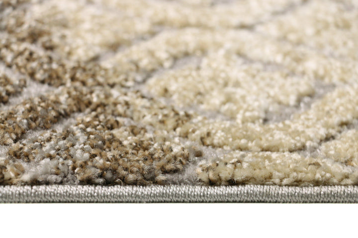 Allure 7 Rug side view traditional trellis pattern worn light grey cream brown texture