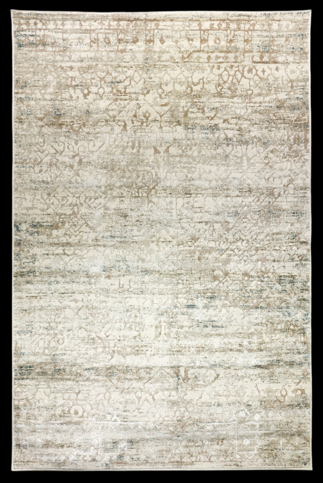 Low-pile transitional rug in ivory, taupe, beige and hint of seafoam sage green with an all-over faded pattern - Ginza 343