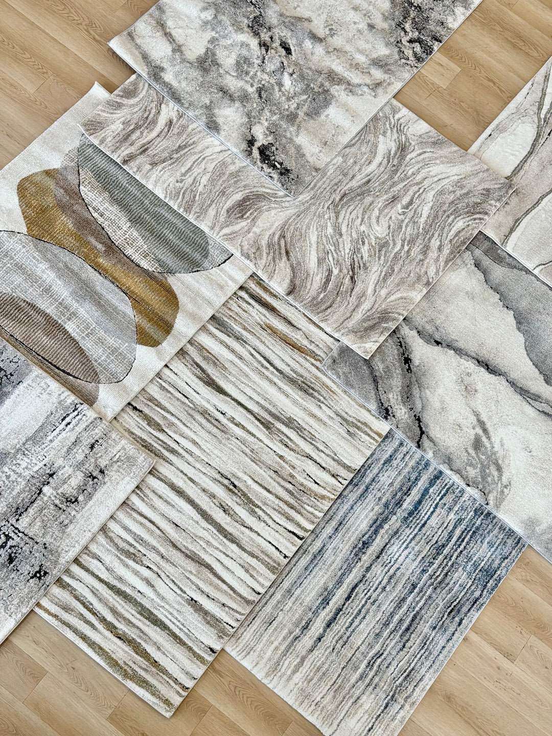 Plush area rugs, easy clean, neutral tones
