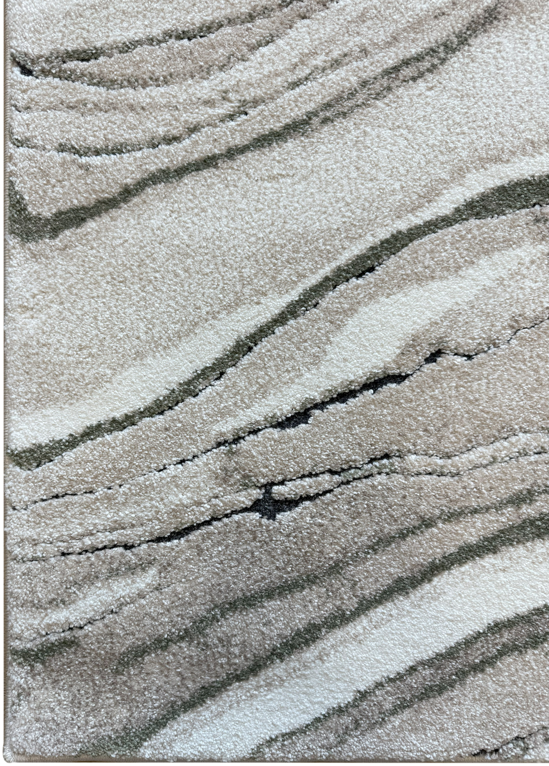 Modern plush rug with organic movement in taupe and olive green