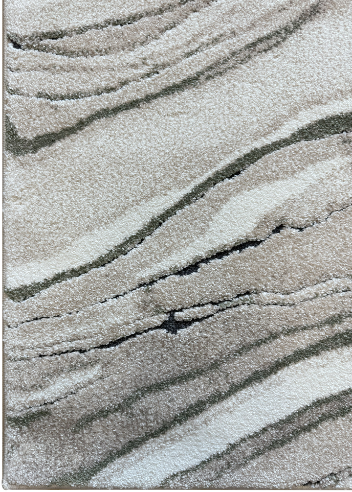 Modern plush rug with organic movement in taupe and olive green