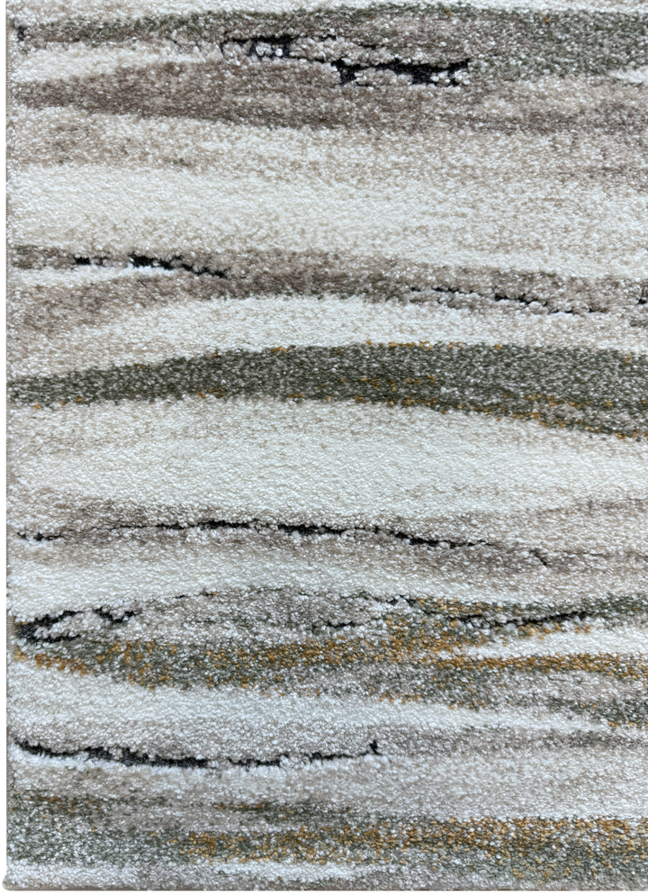 Modern high-traffic rug with taupe, brown, burnt orange, and green