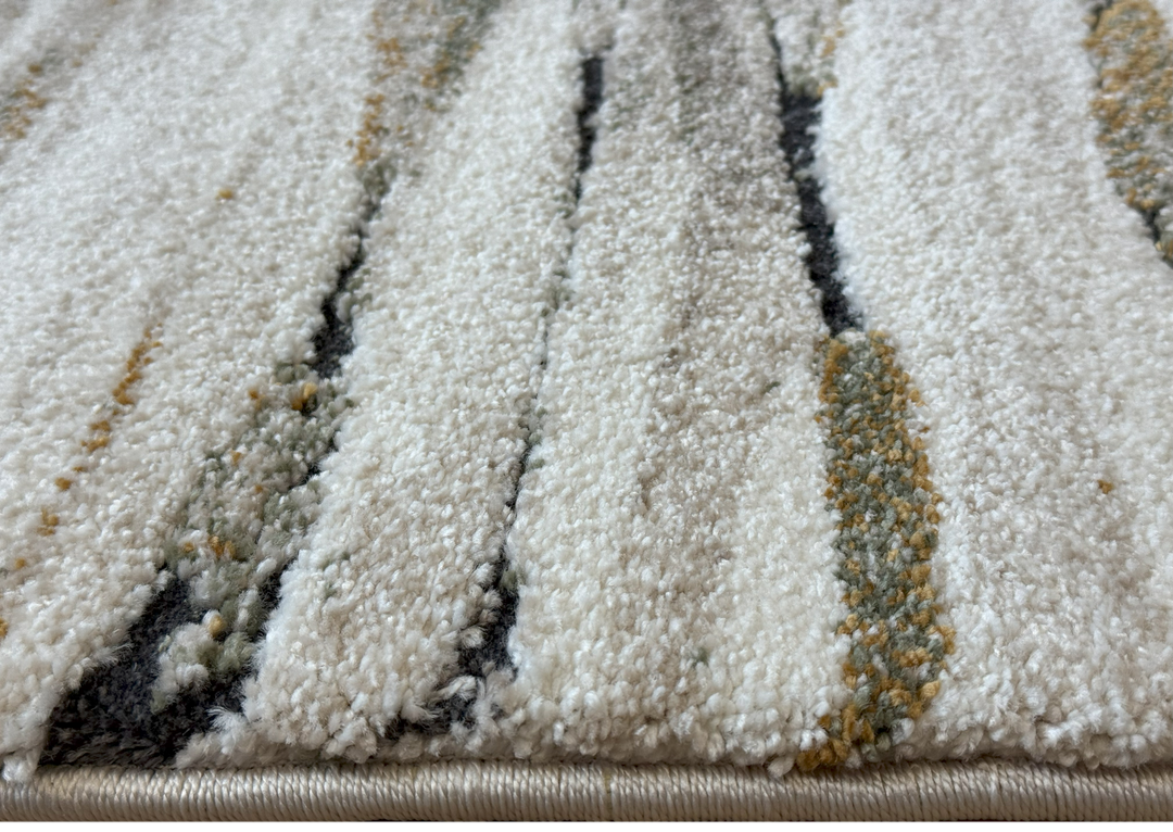 Arlo 2804 abstract rug with taupe, green, and mustard wave pattern