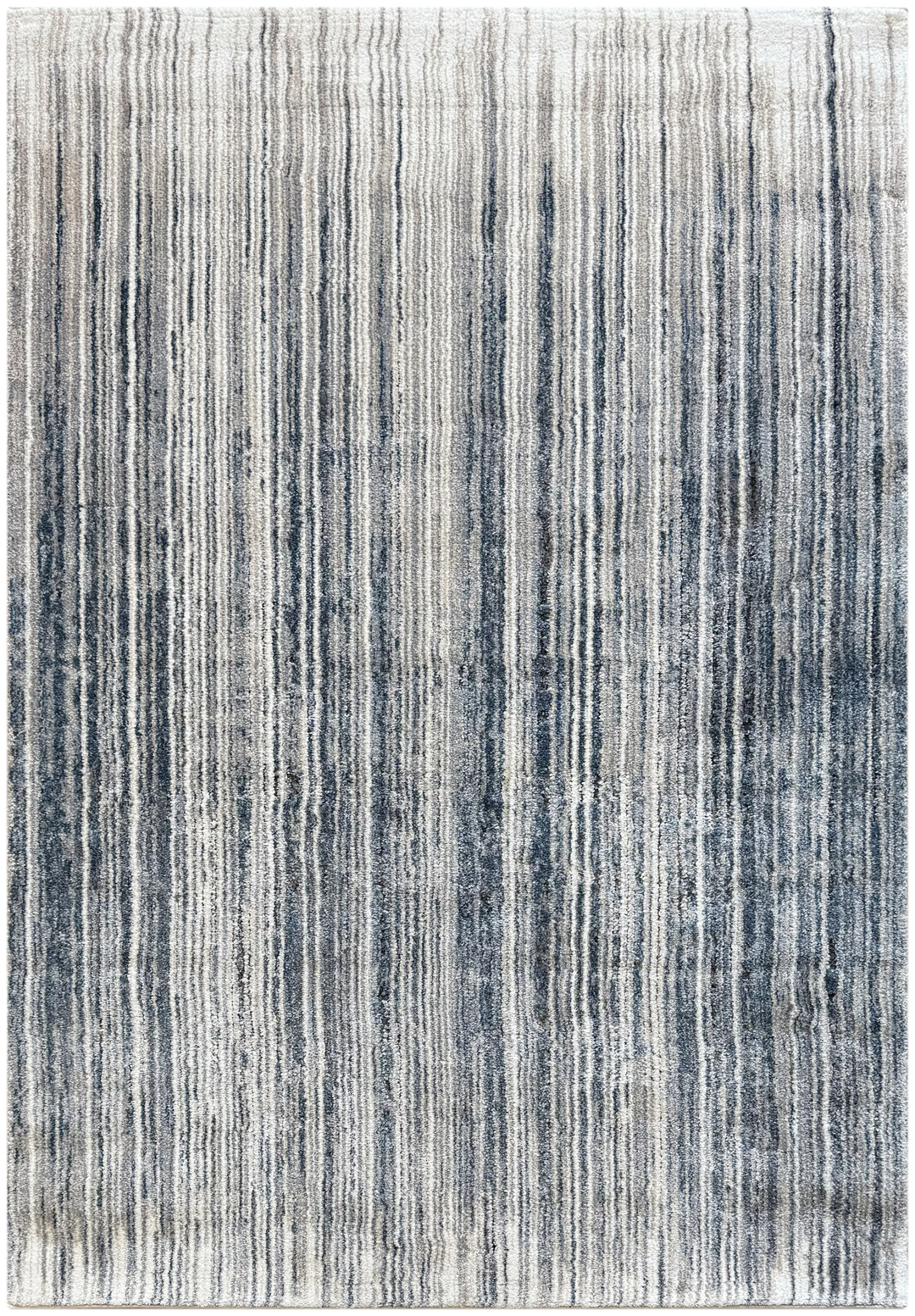 Arlo 2412 area rug with vertical brushstroke lines in blue, taupe, and grey on a cream base