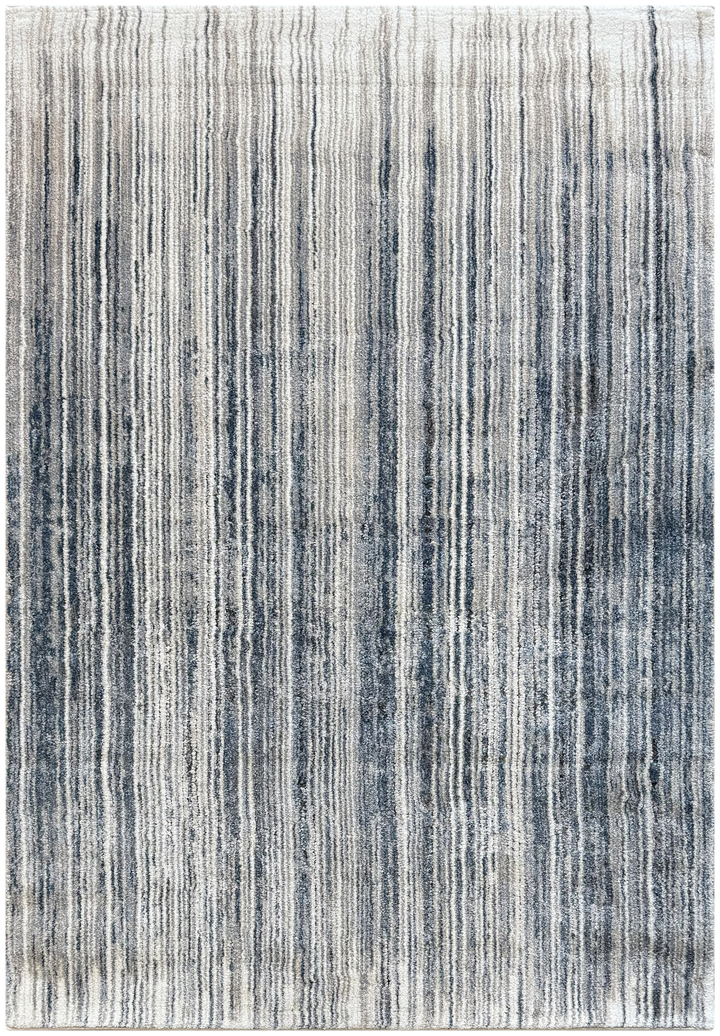 Arlo 2412 area rug with vertical brushstroke lines in blue, taupe, and grey on a cream base