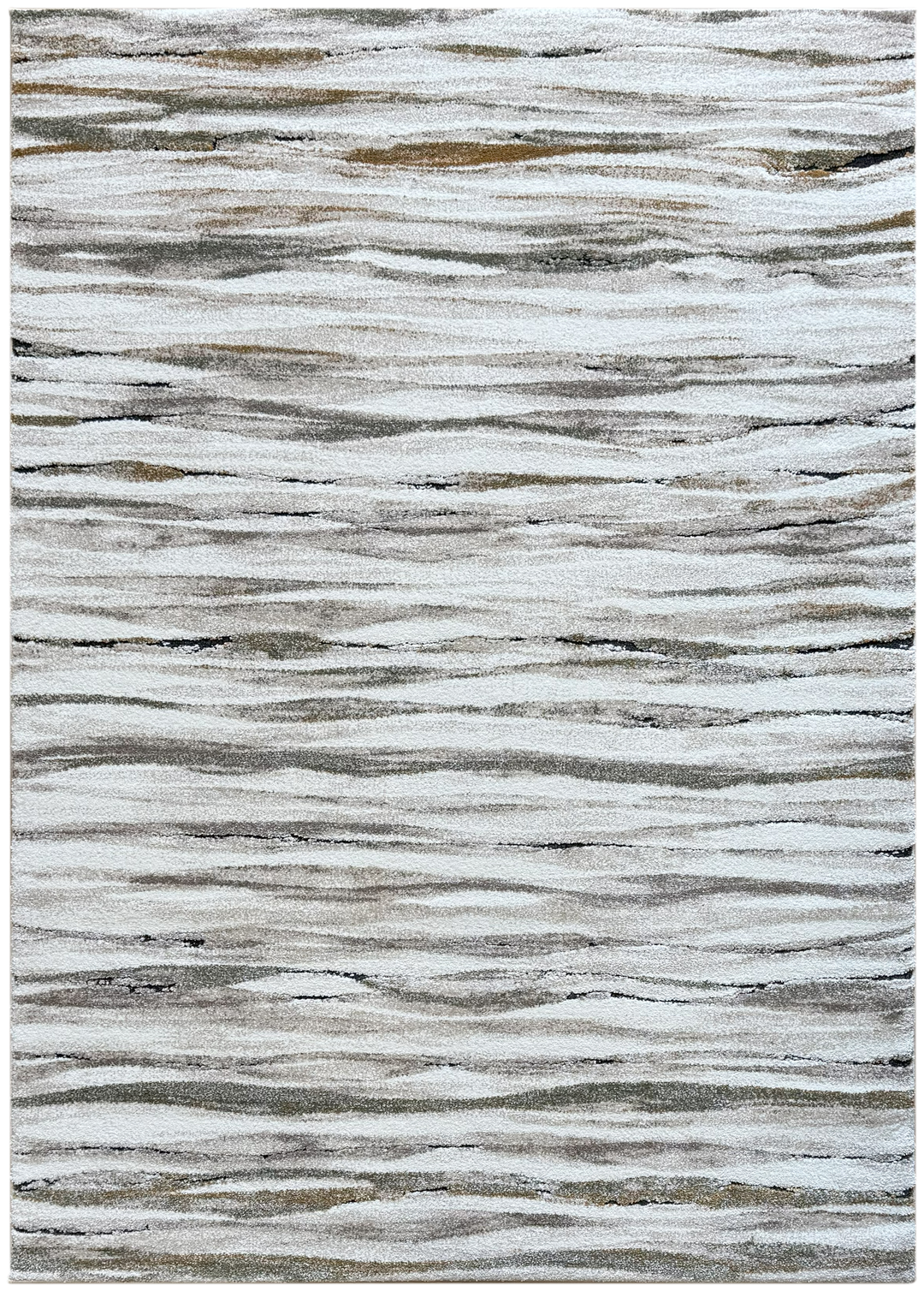 Modern high-traffic rug with waves of taupe, brown, burnt orange, and green