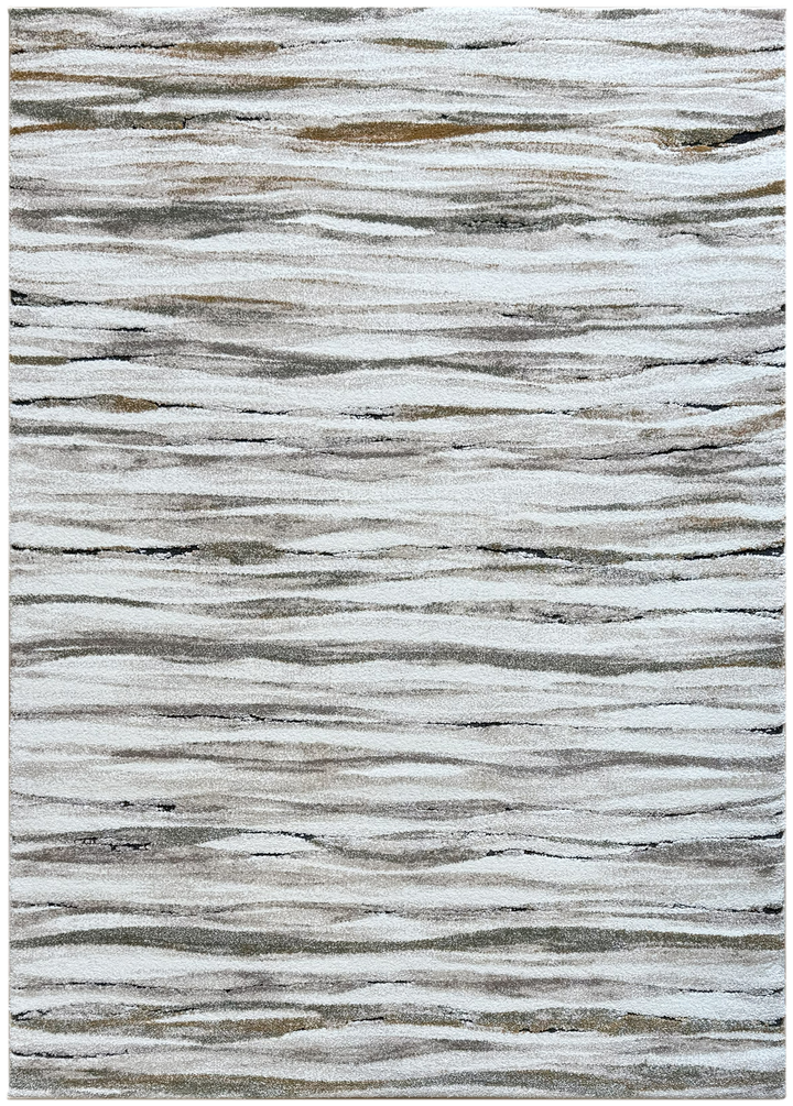 Modern high-traffic rug with waves of taupe, brown, burnt orange, and green