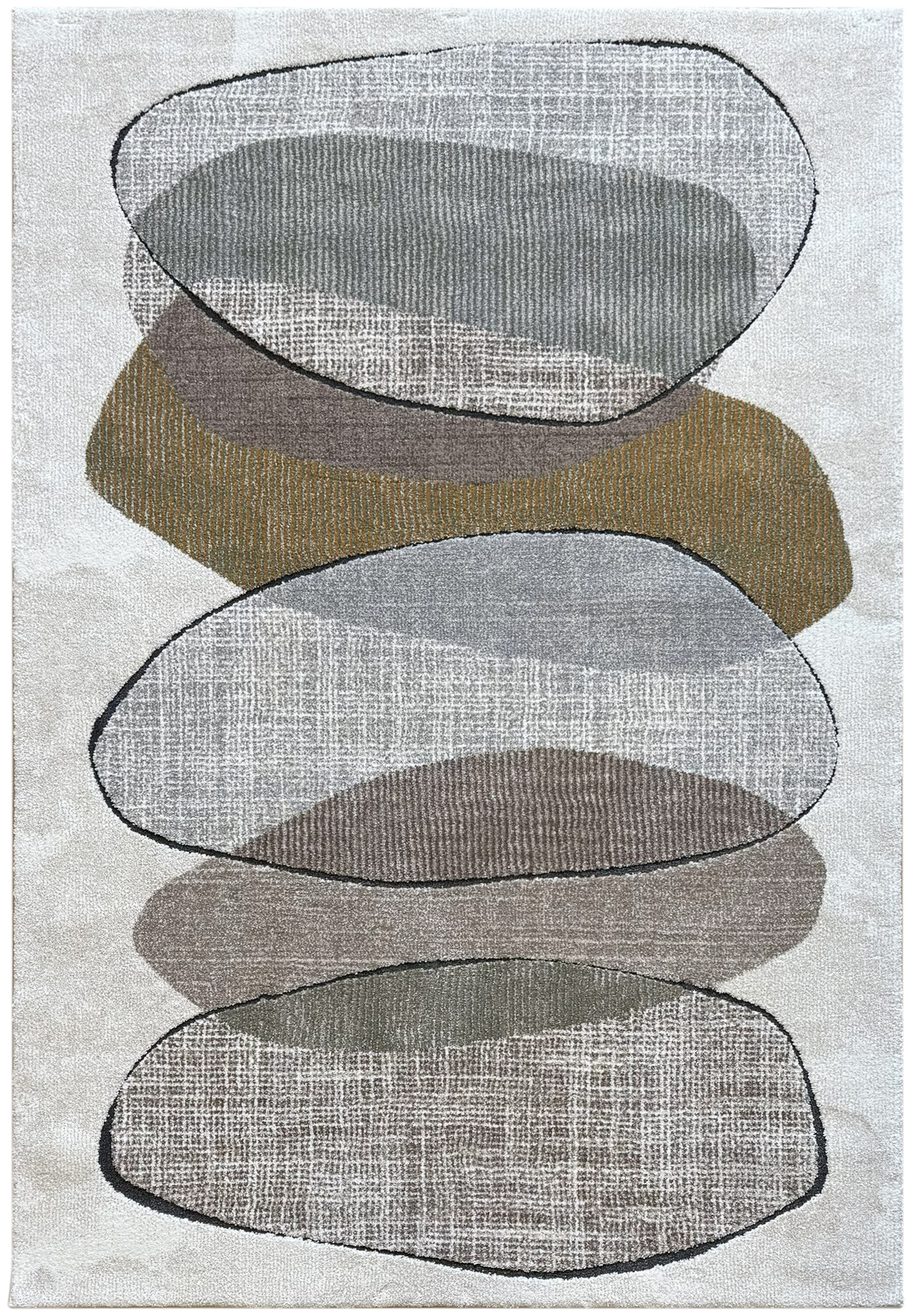 Rug with abstract design of stacked stones in gray, brown, and beige on a light background