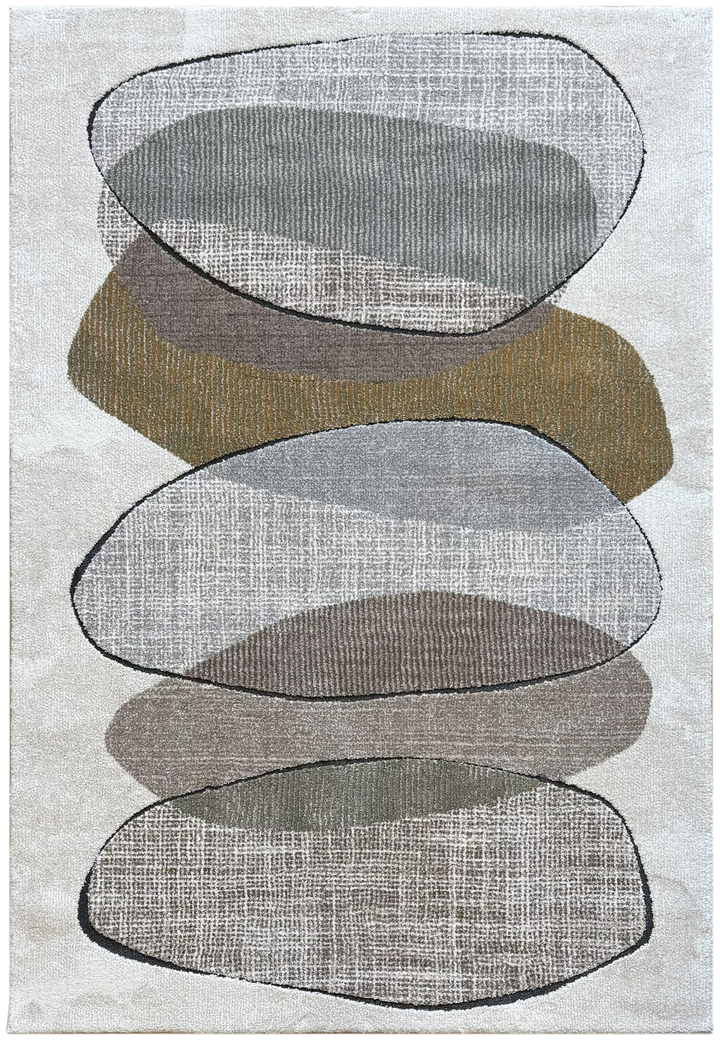Rug with abstract design of stacked stones in gray, brown, and beige on a light background