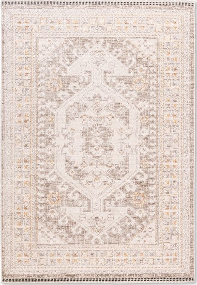 Elara 111 traditional medallion area rug in ivory and beige tones made of low pile polyester