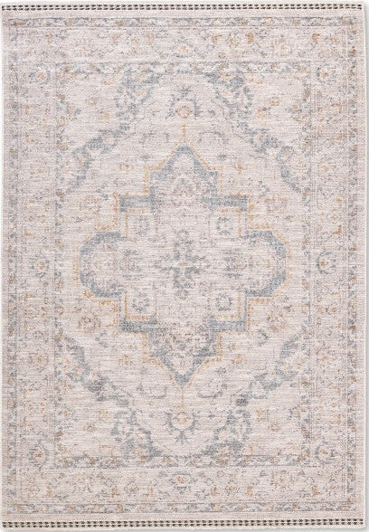 Elara 112 traditional medallion area rug in ivory and muted blue grey tones made of low pile polyester