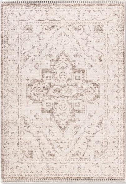 Elara 113 traditional medallion area rug in ivory and warm taupe tones made of low pile polyester