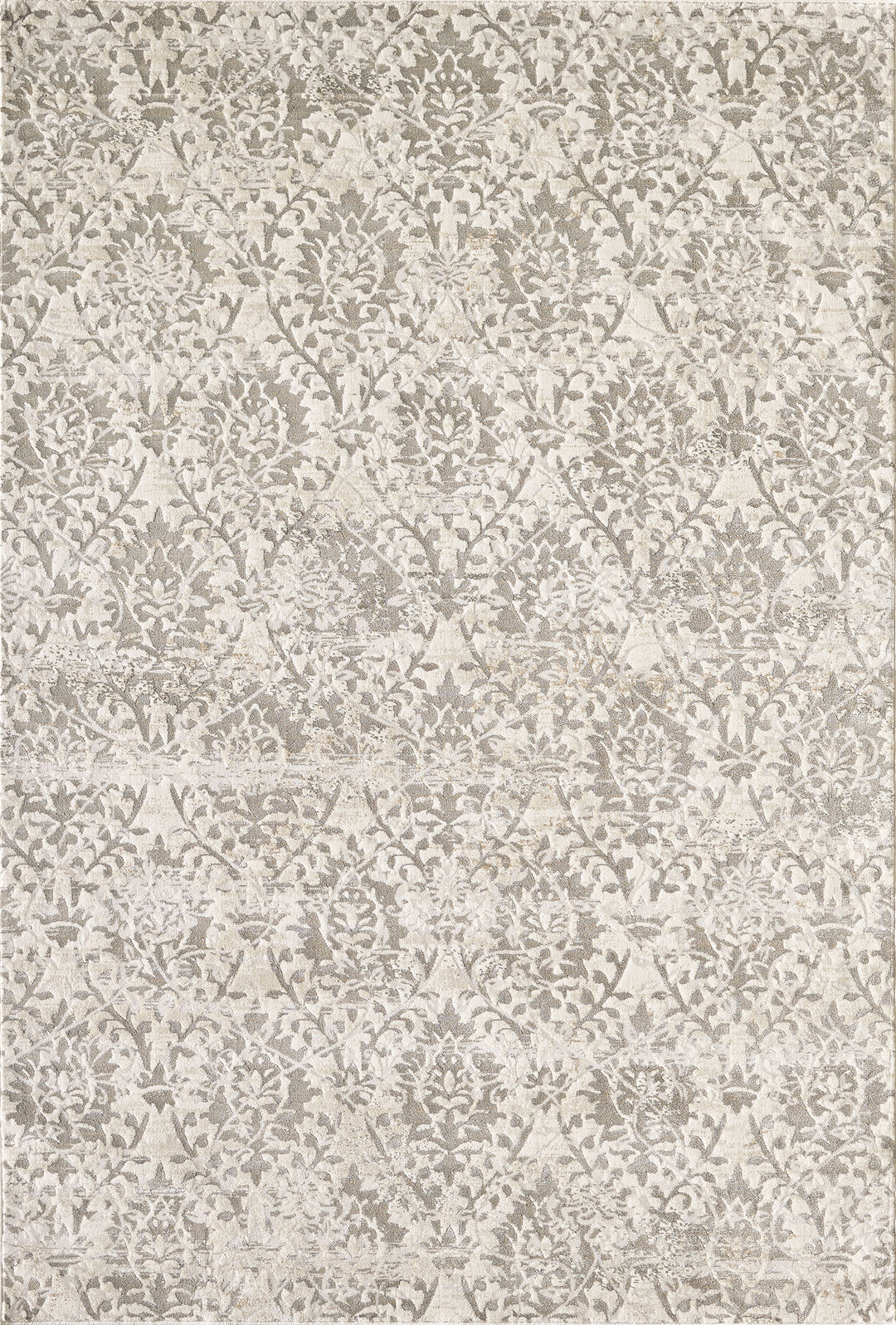 Transitional area rug with taupe, cream, and soft grey damask pattern from the Ginza Collection, Design 30. Low pile with a refined distressed look.