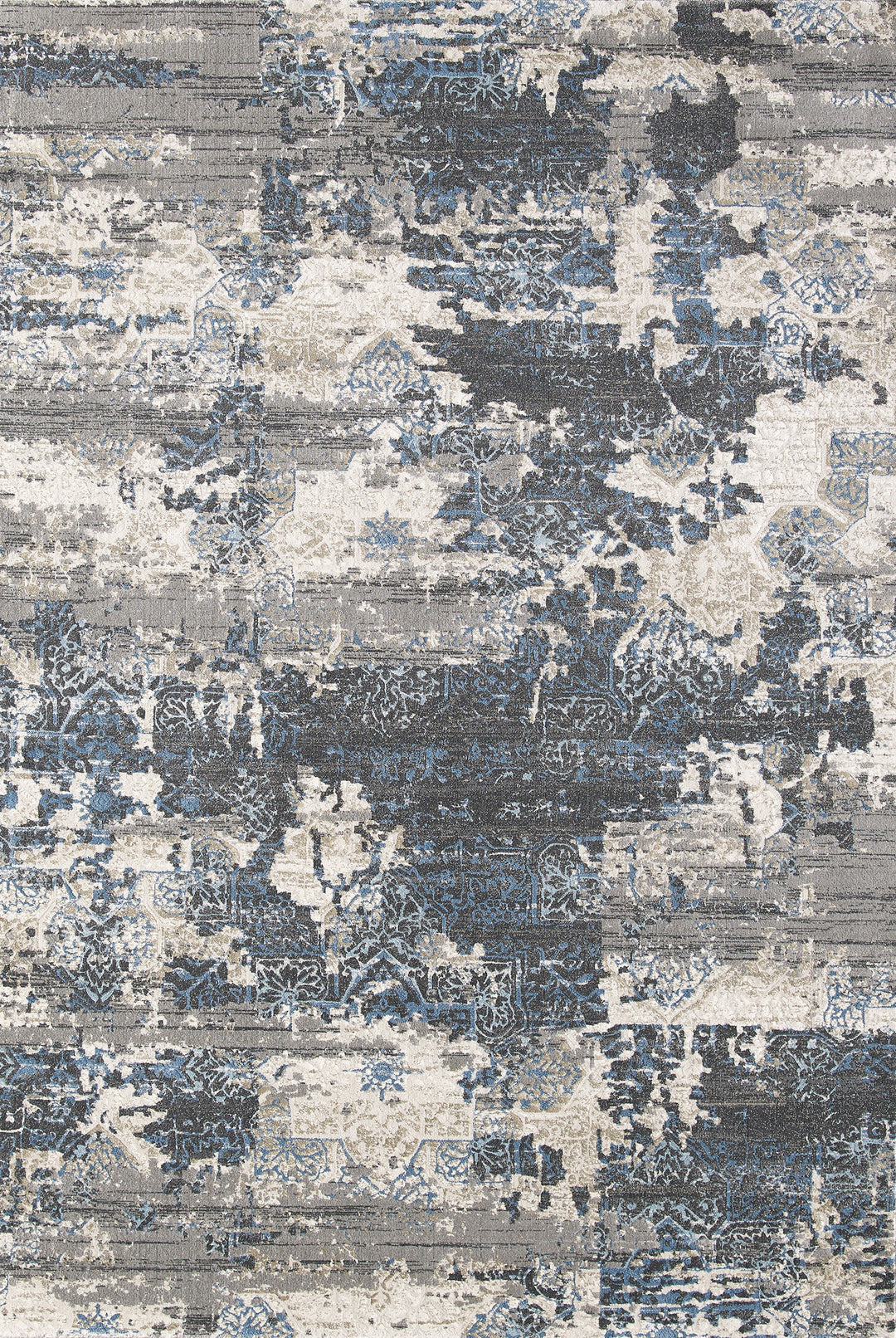 Transitional rug with an ivory base, sky blue, taupe, and charcoal distressed motifs. Flat and dense for easy furniture movement