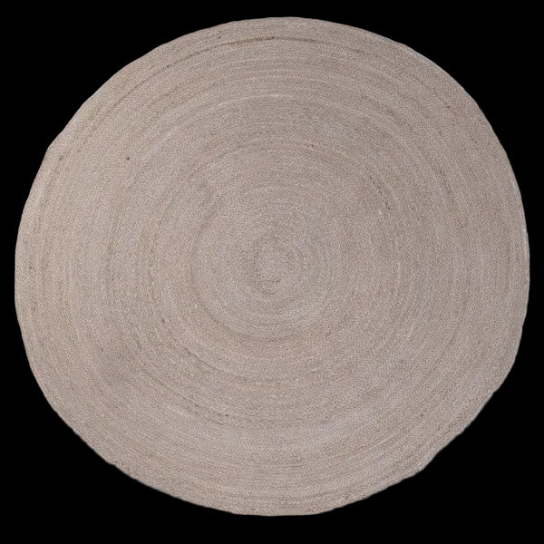Jute Grey round braided area rug made in India from natural jute in soft grey beige tone