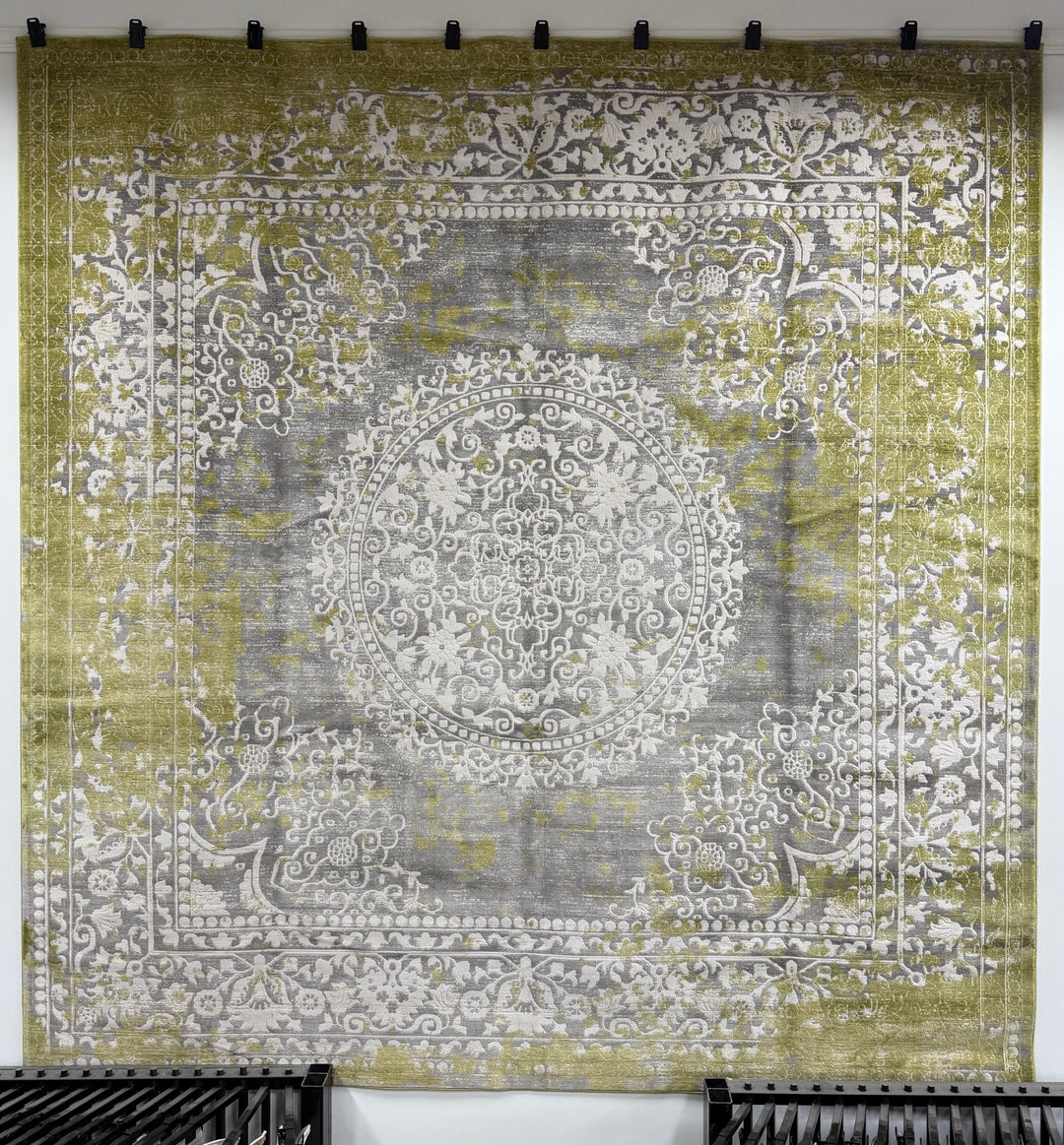 Legacy 400 Green Square rug – traditional medallion design in grey, green, and ivory with distressed finish
