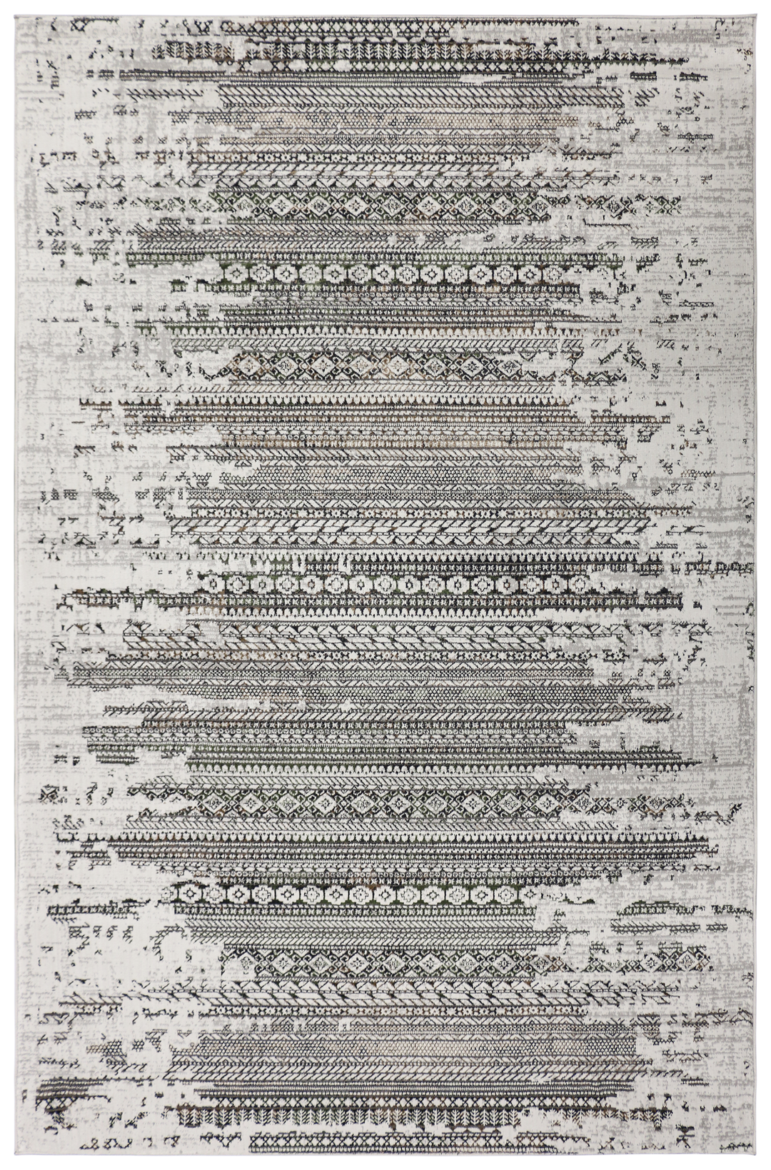 Low-pile rug with distressed tribal stripe pattern in grey, green, black, and copper from the Manchester Collection, Design 99. Ideal for heavy-traffic areas.