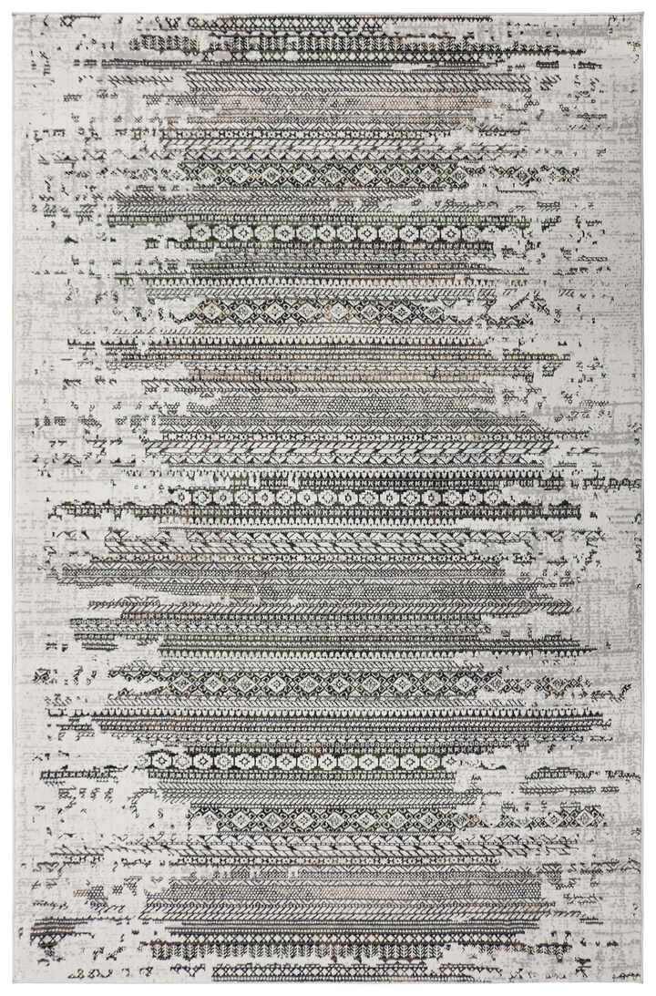 Low-pile rug with distressed tribal stripe pattern in grey, green, black, and copper from the Manchester Collection, Design 99. Ideal for heavy-traffic areas.