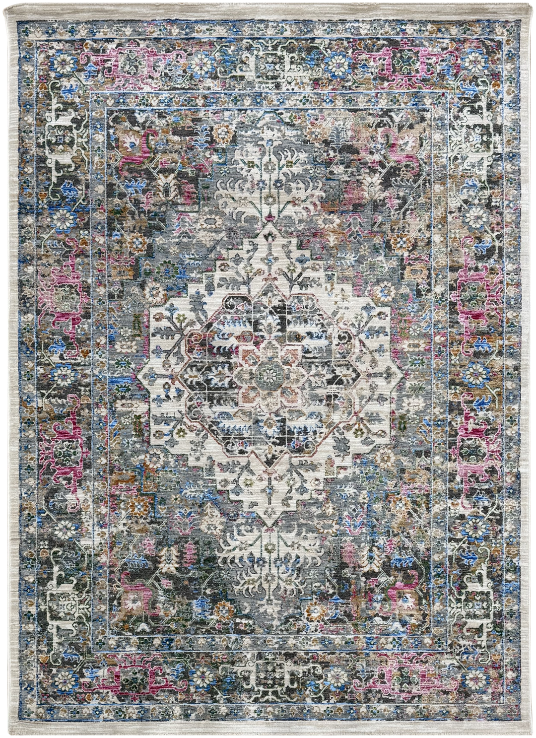 Velluto 01 premium Turkish polyester area rug with multicolour medallion design in blue, magenta and green tones