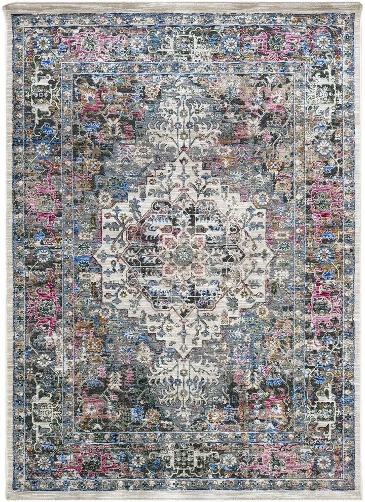 Velluto 01 premium Turkish polyester area rug with multicolour medallion design in blue, magenta and green tones