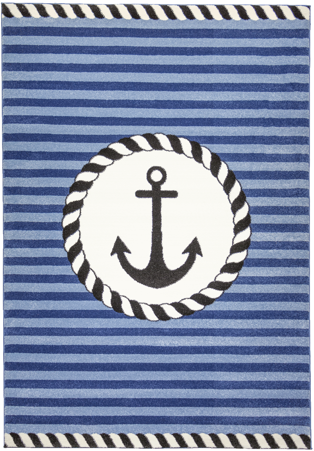 Blue striped nautical rug with an anchor in the middle 