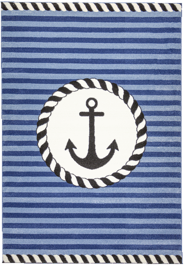 Blue striped nautical rug with an anchor in the middle 