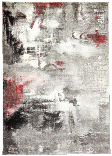 Black, white, grey, and red area rug with an abstract pattern