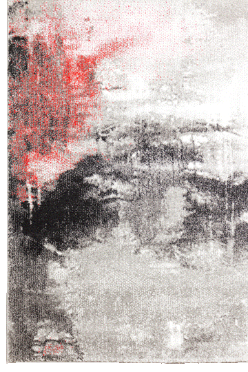 Black, white, grey, and red area rug with an abstract pattern