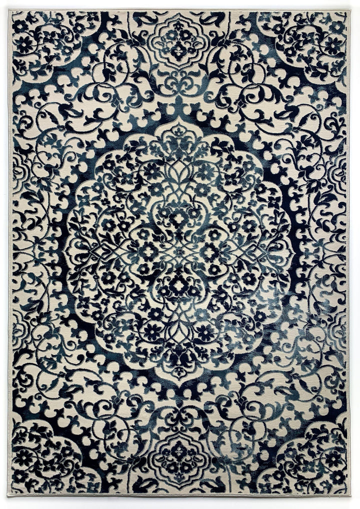 Airmont 145 rug overall view bold blue medallion pattern cream background