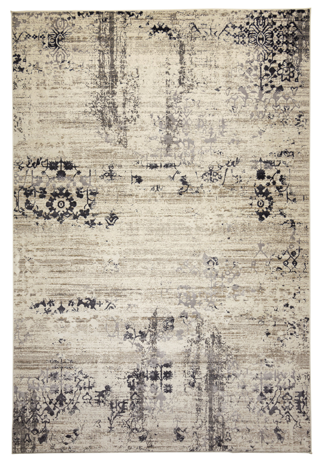 Low pile, dense rug with a transitional pattern featuring bold black medallions on a beige and cream background.