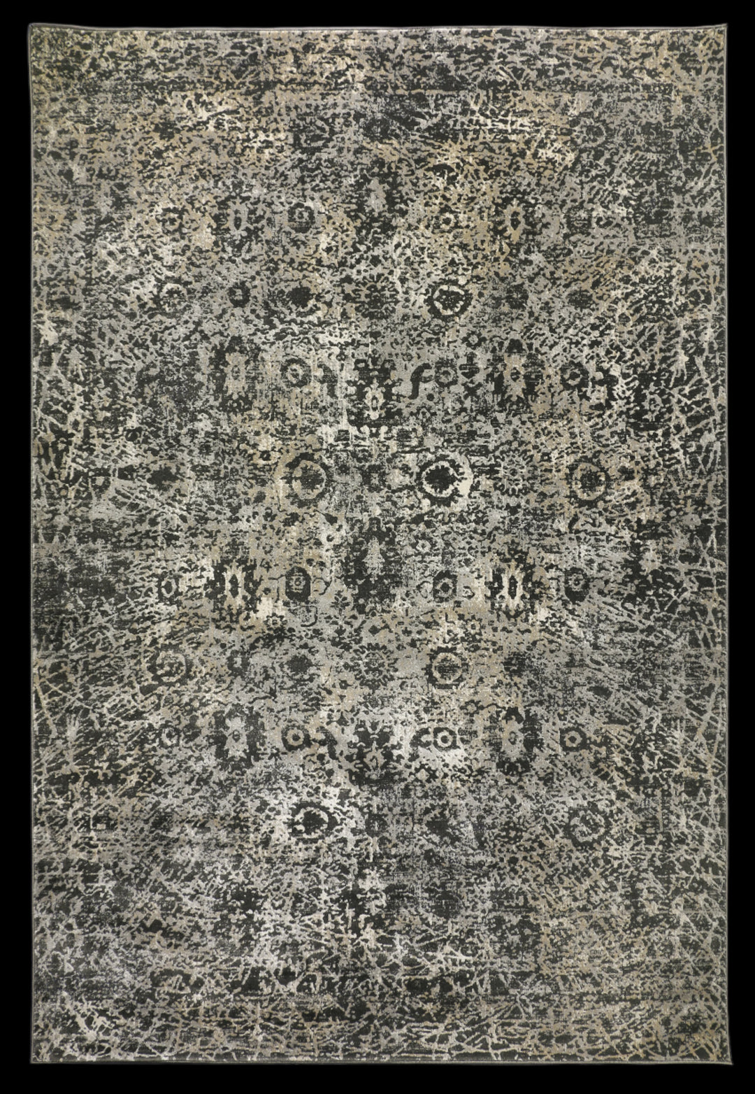 Distressed medallion-style rug in charcoal, grey and taupe. Transitional dark rug, Ginza 226